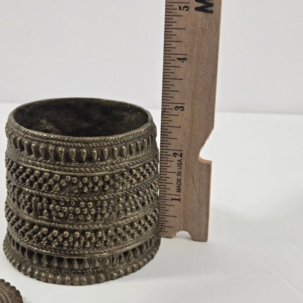 Vintage India Brass Trinket Box Small Beaded Lidded Jewelry Container 3in